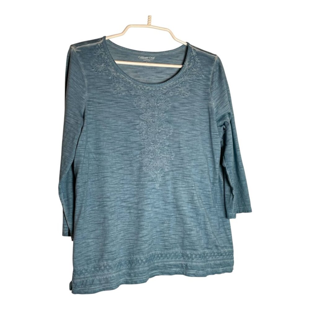Coldwater Creek Blue/pre-washed look 3/4 sleeve embroidered tee Size S